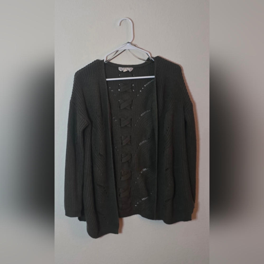 Pink Republic Olive Lace Up Back Knit Boho Chunky Fall Layering Cardigan Size L